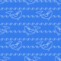 Seamless abstract marine pattern. white outline orca whale and white line waves on blue background. Killer whale in ocean, animal Royalty Free Stock Photo