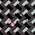 Seamless abstract metal collapsing labyrinth and gentle pink flowers on black background. Colorful geometric pattern. Royalty Free Stock Photo