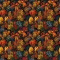 Aerial drone view over autumn red and yellow forest. AI generative illustration