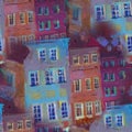 Seamless abstract pattern Beautiful winter urban landscape old csquare and walking people . Europe. Oil painting on