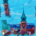 Seamless abstract pattern Beautiful winter urban landscape old csquare and walking people . Europe. Oil painting on