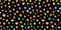 Seamless abstract pattern, on a black background of multicolor falling confetti, polka dots on a light background, flat style Royalty Free Stock Photo
