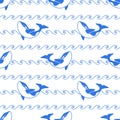 Seamless abstract pattern. Blue outline orca whale and line waves on white background. Killer whale in ocean, animal print Royalty Free Stock Photo