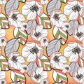 Seamless abstract pattern of colorful leaves and apricot white flowers of Apple trees, on a yellow-orange blurred gradient