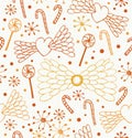 Seamless abstract pattern. Cute lace background with hearts, angel wings, lollipops, sugarplums and snowflakes Royalty Free Stock Photo