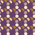 Seamless abstract pattern with doodle ornament. Geometric colorful circles on purple background Royalty Free Stock Photo