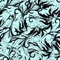 Seamless abstract pattern for fabric from black velvet on a blue background. Refined textile print