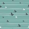 Seamless abstract pattern with flying birds on blue background with white shabby stripes Royalty Free Stock Photo