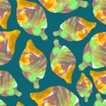 Seamless abstract pattern. Fruits are made in the technique of a collage of watercolor background. Drawn by hand. Decorative lemon