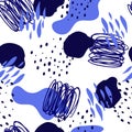 Seamless abstract pattern with hand drawn blue shape and doodle element vector illustration. Royalty Free Stock Photo