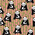 Seamless abstract pattern with hand-drawn cute pandas. background with bamboo