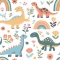 Seamless abstract pattern with hand drawn dinosaurs dino flowers Royalty Free Stock Photo