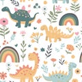 Seamless abstract pattern with hand drawn dinosaurs dino flowers Royalty Free Stock Photo