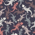 Seamless abstract pattern with hand-drawn lizards. Colorful geckos background