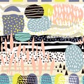 Seamless abstract pattern with hand drawn shapes and elements. Vector trendy texture
