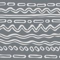Seamless abstract pattern with hand drawn wavy lines, zigzags and dotted elements on a gray background. Minimal folk doodle style Royalty Free Stock Photo