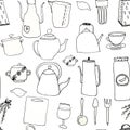 Seamless abstract pattern of kitchen utensils. Kitchen utensils are drawn with freehand liner. White background. Print for various Royalty Free Stock Photo