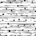 Seamless abstract pattern with little shabby black stars and lines on white background.