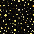 Seamless abstract pattern with little yellow stars and dots on black background