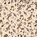 Seamless abstract pattern with music symbols. Vector illustration black and brown on creme background Royalty Free Stock Photo