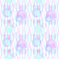 Seamless abstract pattern in pastel tones wavy striped vertical pink blue lines with transparent multicolored circles stains on Royalty Free Stock Photo