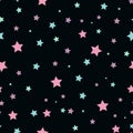 Seamless abstract pattern with pink and blue sharp stars on black background. Vector illustration. Vector fireworks Royalty Free Stock Photo