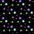 Seamless abstract pattern with pink and blue sharp stars on black background. Vector illustration. Vector fireworks illustration. Royalty Free Stock Photo