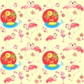 Seamless pattern with pink flamingo, Plumeria flowers, palm trees, wineglass with cocktail for fashion print and wrapping paper Royalty Free Stock Photo