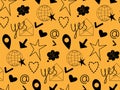 Seamless abstract pattern. Popular social media icons collection. Black flat cartoon design. Yellow background is easy Royalty Free Stock Photo