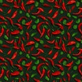 Realistic red chilli peppers with seeds and green salad leaves. AI generative illustration