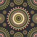 Seamless abstract pattern of red, orange and green circles and dots on black background. Kaleidoscope ornament. Royalty Free Stock Photo