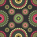 Seamless Abstract Pattern Of Red, Orange And Green Circles And Dots On Black Background. Kaleidoscope Ornament