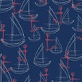 Seamless abstract pattern with sketched red anchor and white sailboat with a navy background.