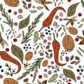 Seamless abstract pattern of spices. Print for fabric and other surfaces. Chilli pepper, black and pink peppercorns, bay leaf,