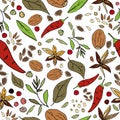 Seamless abstract pattern of spices. Print for fabric and other surfaces. Chilli pepper, black and pink peppercorns, bay leaf,