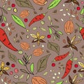 Seamless abstract pattern of spices. Print for fabric and other surfaces. Chilli pepper, black and pink peppercorns, bay leaf, Royalty Free Stock Photo