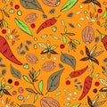 Seamless abstract pattern of spices. Print for fabric and other surfaces. Chilli pepper, black and pink peppercorns, bay leaf,