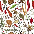 Seamless abstract pattern of spices. Print for fabric and other surfaces. Chilli pepper, black and pink peppercorns, bay leaf, Royalty Free Stock Photo