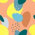 Seamless abstract pattern with spots and dots. Blue, beige, red,turquoise colors. Avan-garde cute cartoon background.