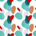 Seamless abstract pattern with spots and dots. Blue, beige, red, turquoise colors. Avan-garde cute cartoon background