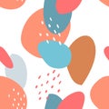 Seamless abstract pattern with spots and dots. Blue, beige, red, turquoise colors. Avan-garde cute cartoon background.