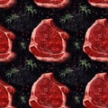 Meat steak pieces with vegetables and peppers on dark background. AI generative illustration