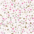 Seamless abstract pattern in terrazzo style. Pink, grey and brown elements on white background in vector.