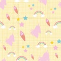 Seamless abstract pattern unicorn silhouette, rainbow, stars and ice cream on yellow textured background Royalty Free Stock Photo