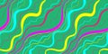 Seamless abstract pattern with wavy, fluid lines in vibrant neon colors on a green background, creating a dynamic, energetic, and