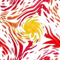 Seamless abstract pattern with wavy and spiraling red and yellow watercolor lines and spots on a white background. Royalty Free Stock Photo