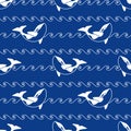 Seamless abstract pattern. White outline orca whale and line waves on blue background. Killer whale in ocean, animal print Royalty Free Stock Photo