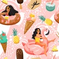 Seamless abstract pattern with woman floating on inflatable ring and cute elements.