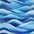 Seamless Abstract playful hand drawn fine line watercolor stripes rolling hills landscape in indigo blue and or nautical