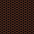 Seamless abstract retro geometric pattern. Linked chain circles and hexagons in shades of orange and black.